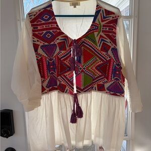 Velzera Red and Green Embroidered Blouse